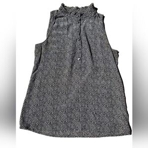 J. Crew Black & White Sleeveless Ruffle Neck 100% Silk Blouse Size 00 EUC